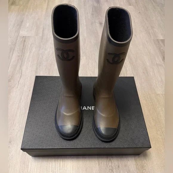 CHANEL Olive and Black Rain Boots SZ 7 - Picture 2 of 14